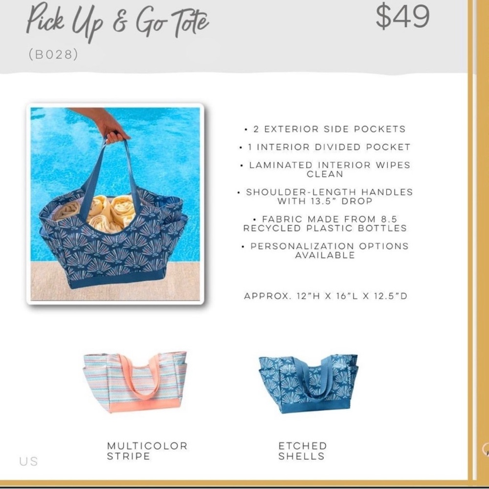Thirty One Retired, Pick Up & Go tote/bag in Etched Shells 🐚. Blue/white sz Lg